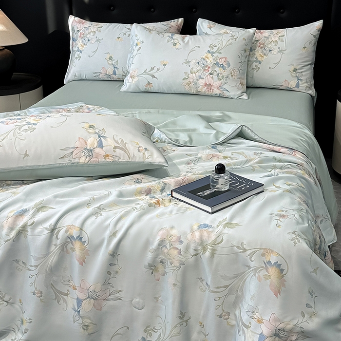 91家纺网 家纺一手货源 找家纺 慕晨 2025春夏新品莱赛尔天丝数码印花四件套莱赛尔夏被四件套天丝夏凉被直播热款 柔兰