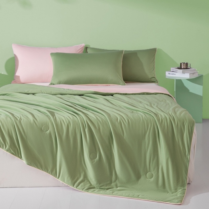 91家纺网 家纺一手货源 找家纺 吾诺 2025 针织棉夏被双拼色大豆夏被子被芯夏凉被空调被 豆绿-浅粉