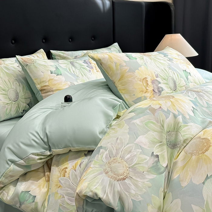 91家纺网 家纺一手货源 找家纺 慕晨 2025春夏新品莱赛尔天丝数码印花四件套莱赛尔夏被四件套天丝夏凉被直播热款 锦葵