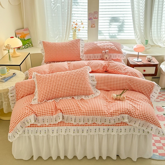 91家纺网 家纺一手货源 找家纺 金盛皇朝家纺 2025新款格子空间水洗棉床裙 格子空间-爱马仕橙