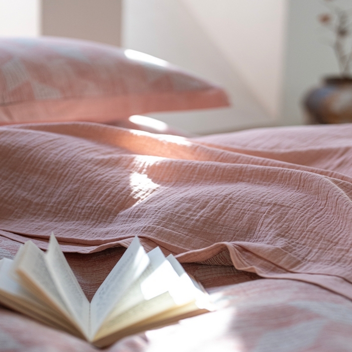 91家纺网 家纺一手货源 找家纺 璞素2025新款全棉色织三层纱四件套 粉色