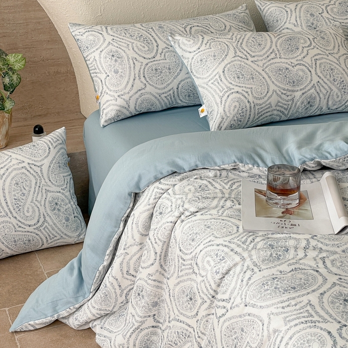 91家纺网 家纺一手货源 找家纺 慕晨 2025新款全棉双层纱四件套莱赛尔夏被莱赛尔夏被四件套天丝夏凉被直播 叶之岭