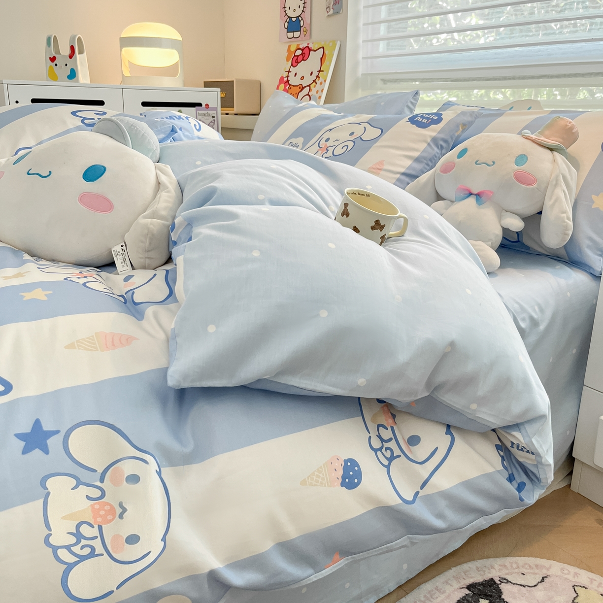 91家纺网 家纺一手货源 找家纺 暮思家居 2025新款正版授权三丽鸥全棉四件套系列四件套 蓝条玉桂狗