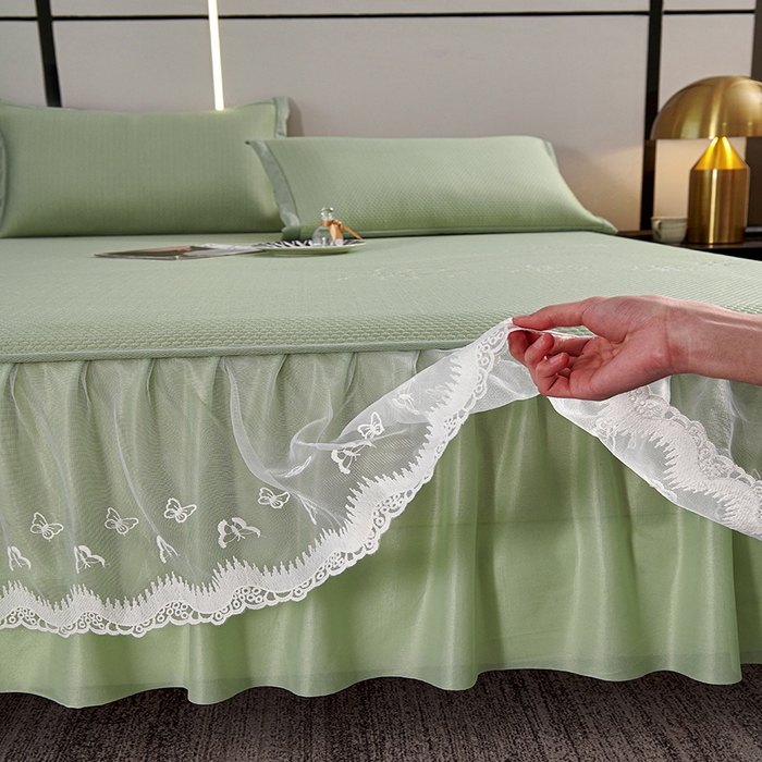 91家纺网 家纺一手货源 找家纺 青雅席业 2025新款7A抗菌母婴级纯乙纶PE刺绣凉感丝豆豆席 床裙款 浪花-水绿