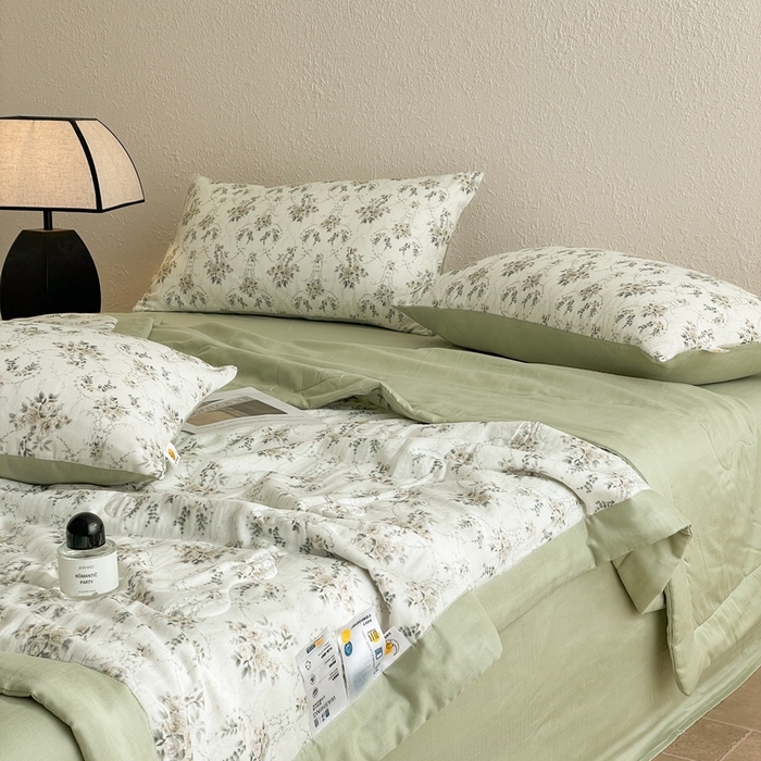 91家纺网 家纺一手货源 找家纺 慕晨 2025新款全棉双层纱四件套莱赛尔夏被莱赛尔夏被四件套天丝夏凉被直播 羽葵