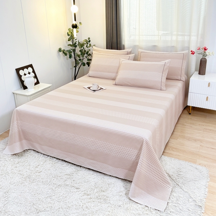 91家纺网 家纺一手货源 找家纺 伊而梦蚊帐 2025新款A类老粗布抗菌床单 波点条-咖