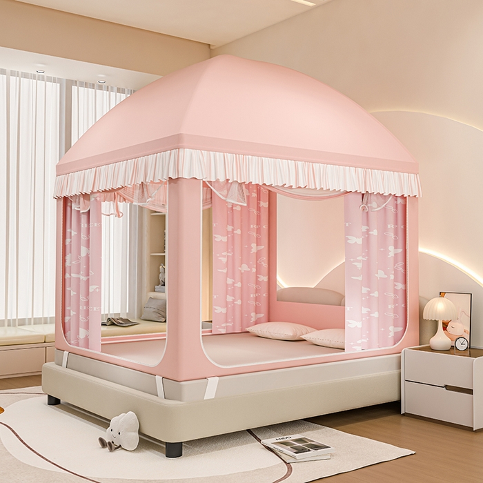 91家纺网 家纺一手货源 找家纺 冉美家纺 2025新款屋顶式遮光防尘防摔蚊帐 缤纷蝴蝶-樱花粉