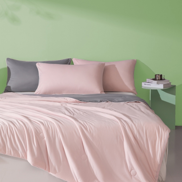 91家纺网 家纺一手货源 找家纺 吾诺 2025 针织棉夏被双拼色大豆夏被子被芯夏凉被空调被 浅粉-岩灰