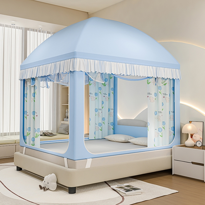 91家纺网 家纺一手货源 找家纺 冉美家纺 2025新款屋顶式遮光防尘防摔蚊帐 旅行兔-优雅蓝