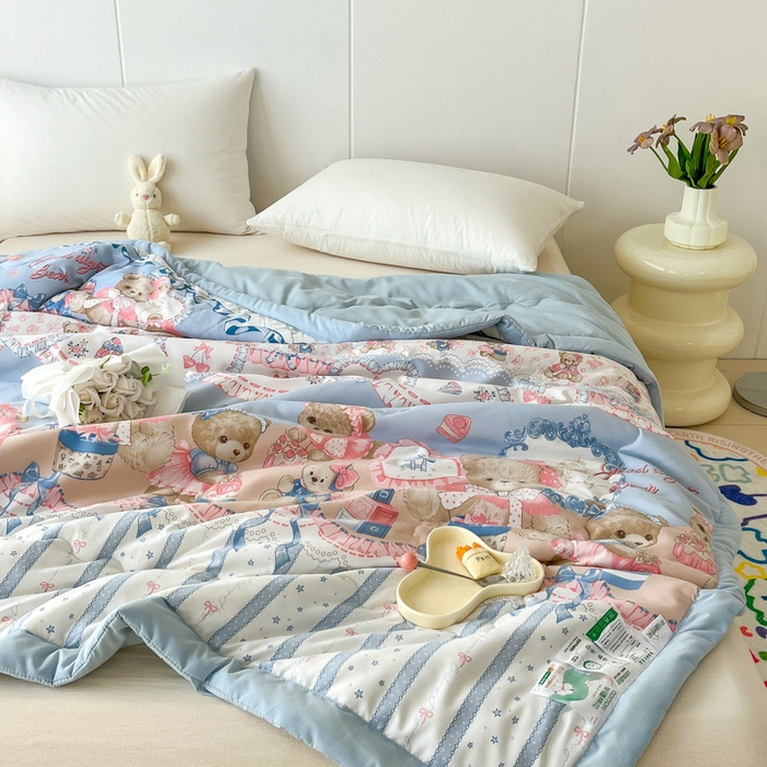 91家纺网 家纺一手货源 找家纺 爱宝被业 2025新款亲肤棉印花100%新疆棉花夏被空调被 啵啵熊