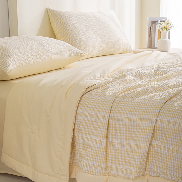 91家纺网 家纺一手货源 找家纺 吾诺 2025 韩式立体提花公主格大豆夏被子被芯夏凉被夏被四件套 公主格-黄