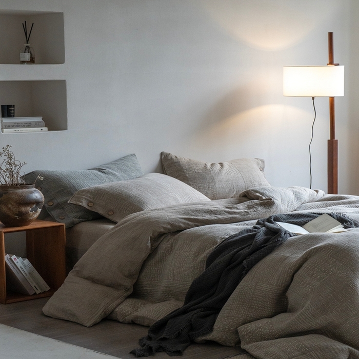 91家纺网 家纺一手货源 找家纺 璞素2025新款全棉色织三层纱四件套-银河 银河咖