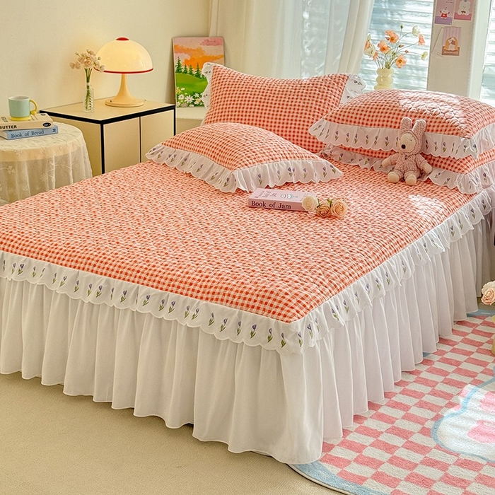 91家纺网 家纺一手货源 找家纺 金盛皇朝家纺 2025新款格子空间水洗棉床裙 格子空间-爱马仕橙