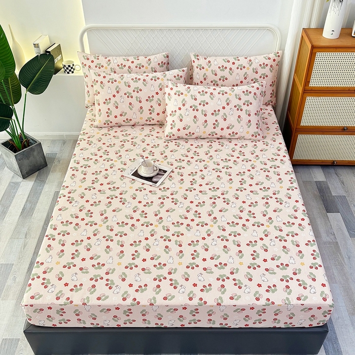 91家纺网 家纺一手货源 找家纺 伊而梦蚊帐 2025新款原棉老粗布床笠 草莓兔