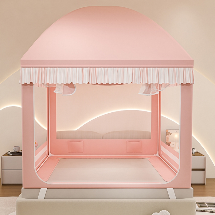 91家纺网 家纺一手货源 找家纺 冉美家纺 2025新款屋顶式遮光防尘防摔蚊帐 缤纷蝴蝶-樱花粉