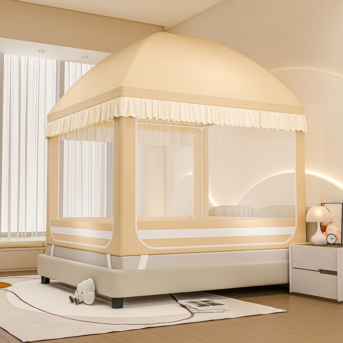 91家纺网 家纺一手货源 找家纺 冉美家纺 2025新款屋顶式遮光防尘防摔蚊帐 多彩点点-香槟