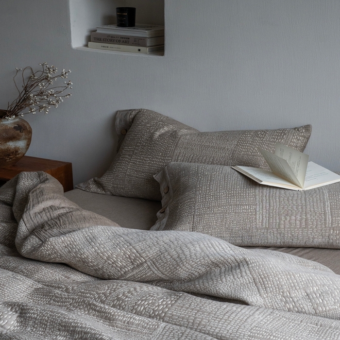 91家纺网 家纺一手货源 找家纺 璞素2025新款全棉色织三层纱四件套-银河 银河咖