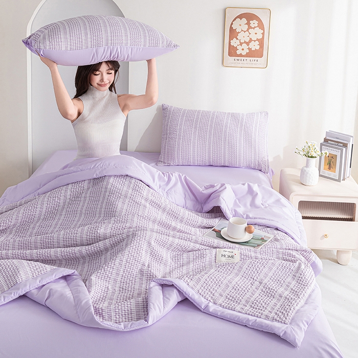 91家纺网 家纺一手货源 找家纺 吾诺 2025 韩式立体提花公主格大豆夏被子被芯夏凉被夏被四件套 公主格-紫