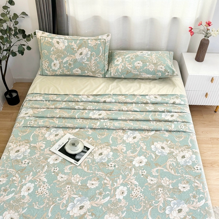 91家纺网 家纺一手货源 找家纺 伊而梦蚊帐 2025新款A类老粗布抗菌床单 四时花-绿