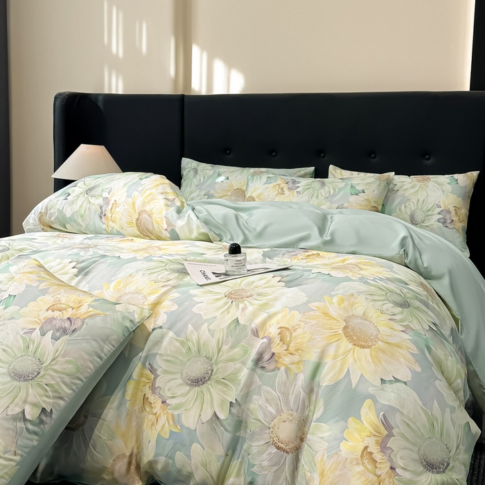 91家纺网 家纺一手货源 找家纺 慕晨 2025春夏新品莱赛尔天丝数码印花四件套莱赛尔夏被四件套天丝夏凉被直播热款 锦葵