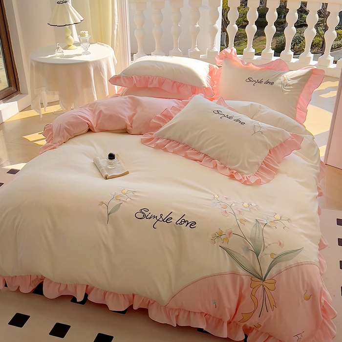 91家纺网 家纺一手货源 找家纺 凯美家居 2025新款超柔亲肤磨毛刺绣花仙子系列四件套 花仙子 白粉