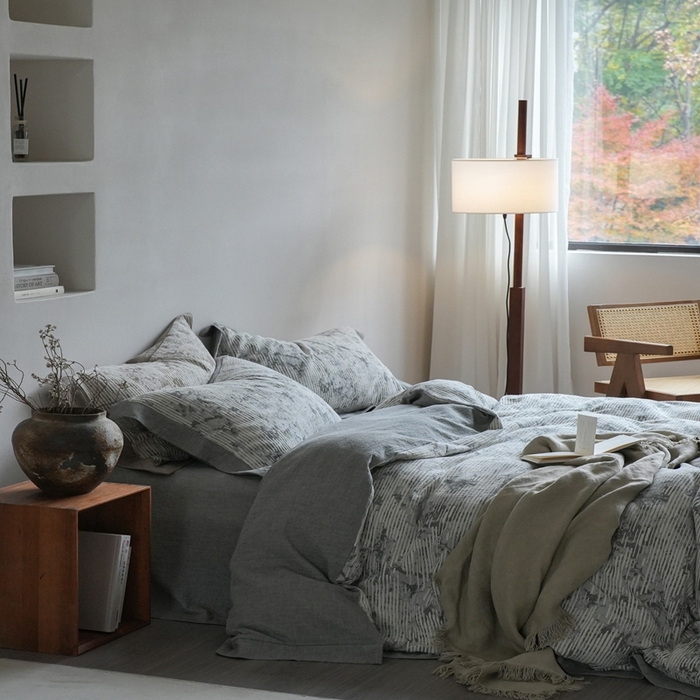 91家纺网 家纺一手货源 找家纺 璞素2025新款全棉色织三层纱四件套-松隐 松隐灰