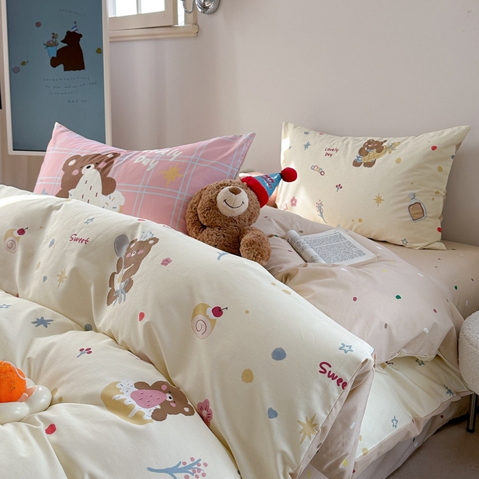 91家纺网 家纺一手货源 找家纺 时年家纺 2025新款全棉数码趣味系列3.0 四件套 甜圈小熊