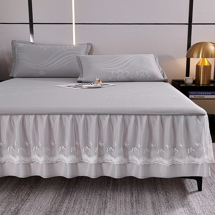 91家纺网 家纺一手货源 找家纺 青雅席业 2025新款7A抗菌母婴级纯乙纶PE刺绣凉感丝豆豆席 床裙款 浪花-灰