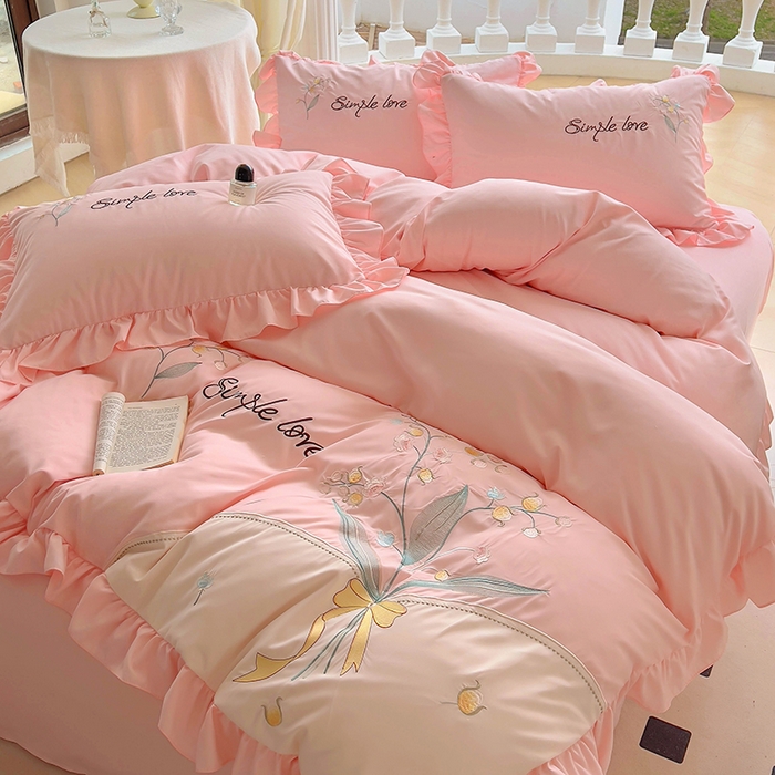 91家纺网 家纺一手货源 找家纺 凯美家居 2025新款超柔亲肤磨毛刺绣花仙子系列四件套 花仙子 粉玉