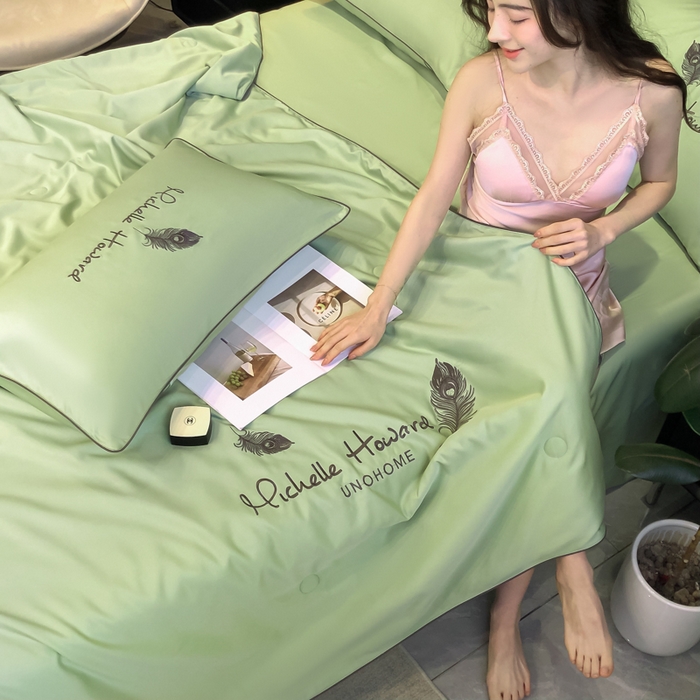 91家纺网 家纺一手货源 找家纺 吾诺 2025 双拼及羽毛刺绣夏被四件套绣花夏被水洗天丝夏被水洗真丝夏凉被空调被 羽毛-果绿