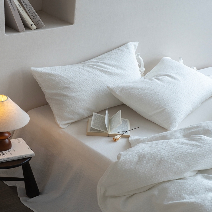 91家纺网 家纺一手货源 找家纺 璞素2025新款全棉色织三层纱四件套-半谷·清荷 半谷