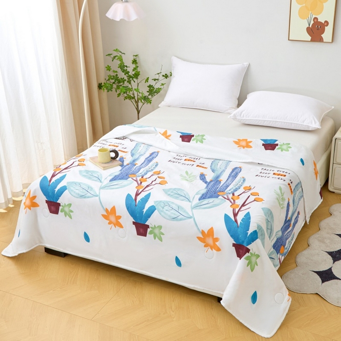 91家纺网 家纺一手货源 找家纺 2025新款亲肤绒礼品夏被窄边 夏日仙人掌