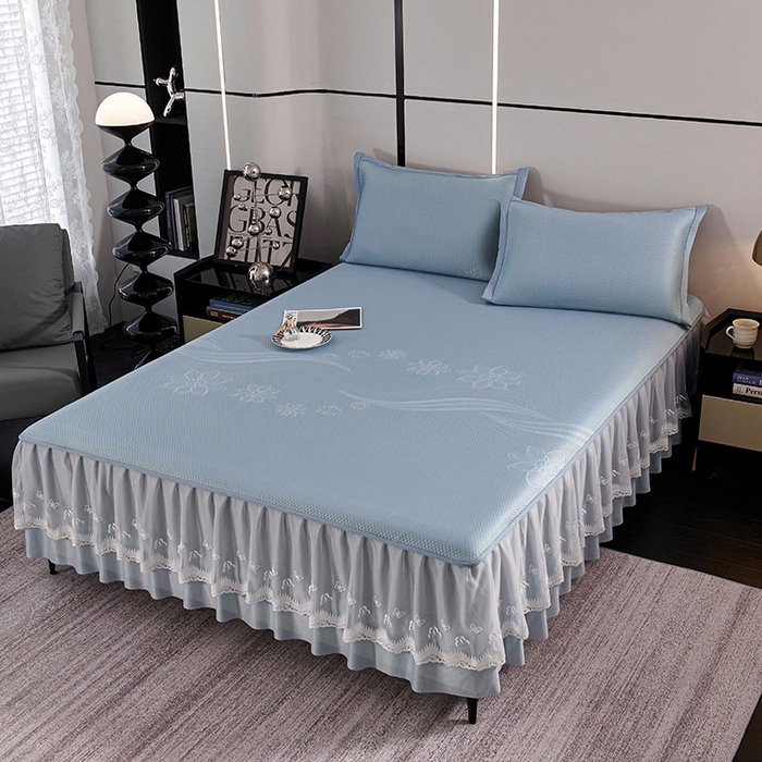 91家纺网 家纺一手货源 找家纺 青雅席业 2025新款7A抗菌母婴级纯乙纶PE刺绣凉感丝豆豆席 床裙款 浪花-蓝