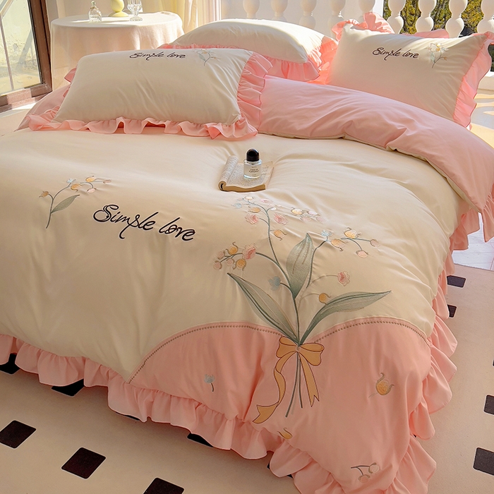 91家纺网 家纺一手货源 找家纺 凯美家居 2025新款超柔亲肤磨毛刺绣花仙子系列四件套 花仙子 白粉