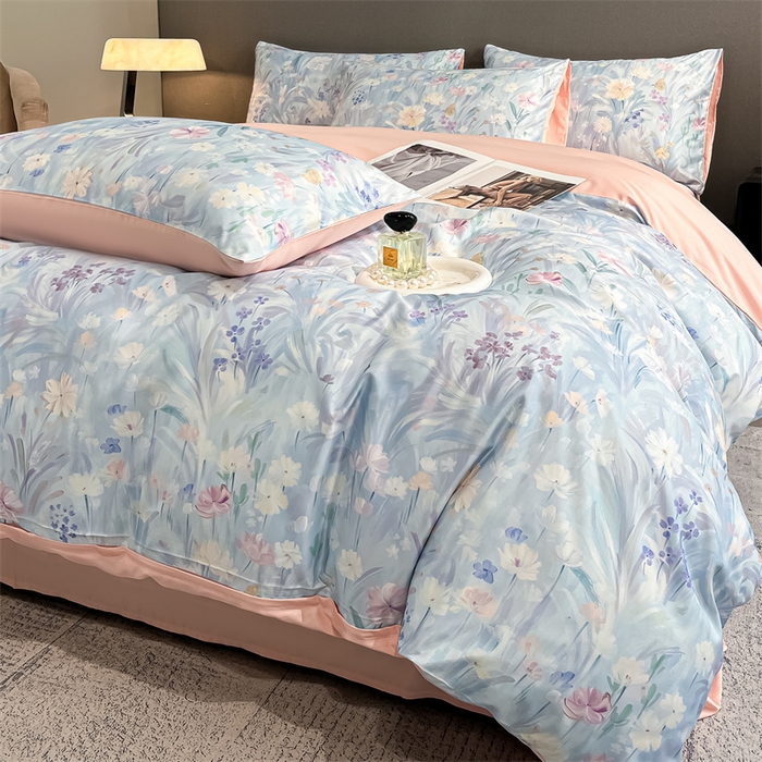 91家纺网 家纺一手货源 找家纺 笙意家纺2025新款水洗冰丝数码印花暗盒款四件套 花海