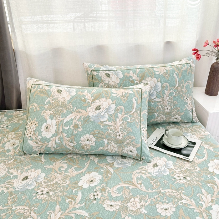 91家纺网 家纺一手货源 找家纺 伊而梦蚊帐 2025新款A类老粗布抗菌床单 四时花-绿