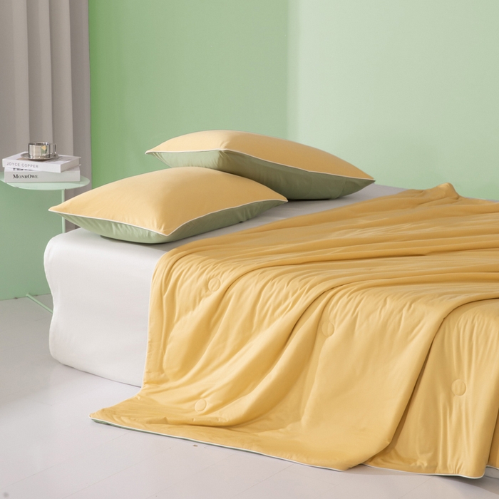 91家纺网 家纺一手货源 找家纺 吾诺 2025 针织棉夏被双拼色大豆夏被子被芯夏凉被空调被 杏黄-豆绿