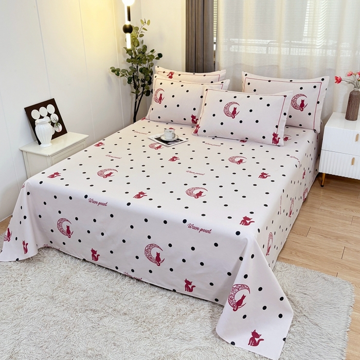 91家纺网 家纺一手货源 找家纺 伊而梦蚊帐 2025新款A类老粗布抗菌床单 波点猫-红