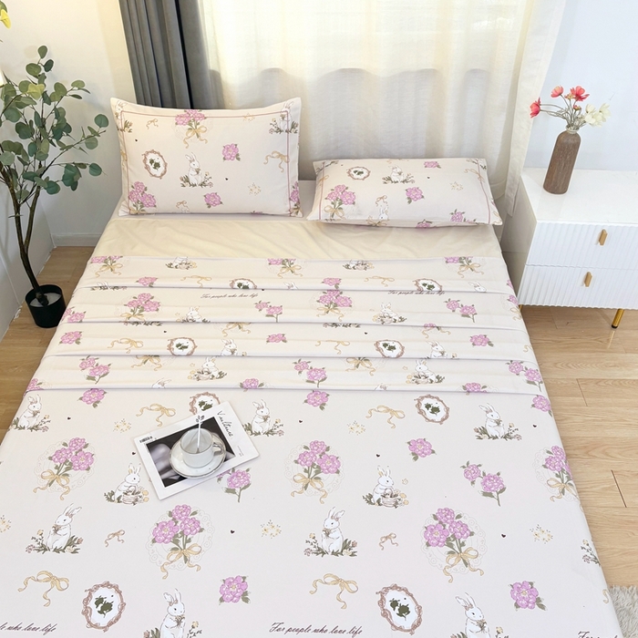 91家纺网 家纺一手货源 找家纺 伊而梦蚊帐 2025新款A类老粗布抗菌床单 花束兔-粉