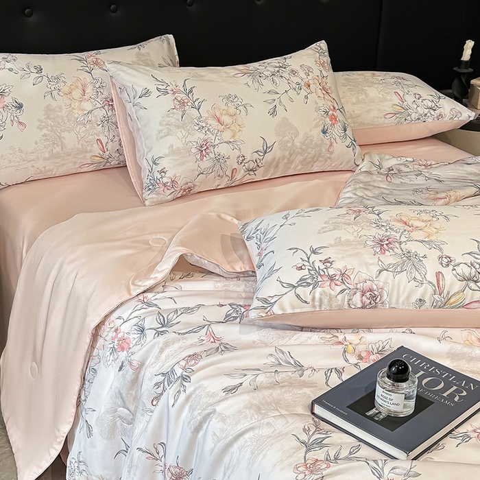 91家纺网 家纺一手货源 找家纺 慕晨 2025春夏新品莱赛尔天丝数码印花四件套莱赛尔夏被四件套天丝夏凉被直播热款 繁华-白