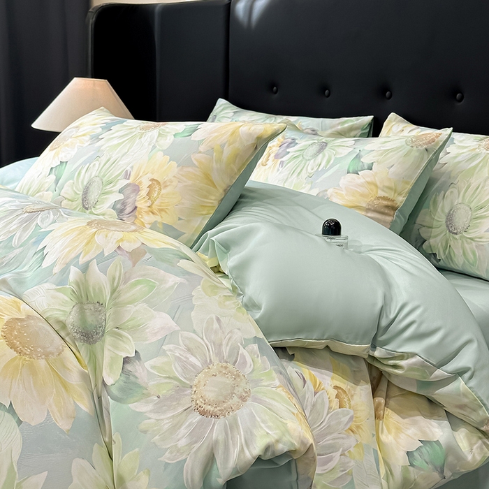 91家纺网 家纺一手货源 找家纺 慕晨 2025春夏新品莱赛尔天丝数码印花四件套莱赛尔夏被四件套天丝夏凉被直播热款 锦葵