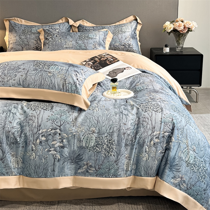 91家纺网 家纺一手货源 找家纺 笙意家纺 2025新款水洗冰丝数码印花宽边四件套 妙然-卡其