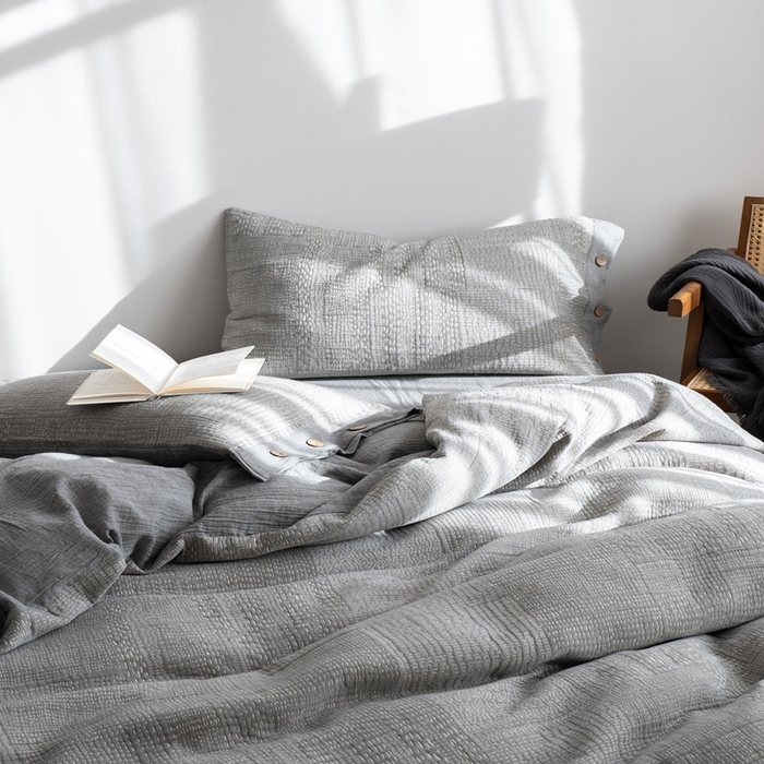 91家纺网 家纺一手货源 找家纺 璞素2025新款全棉色织三层纱四件套-银河 银河灰