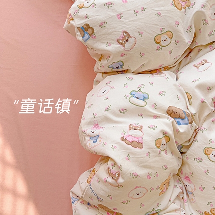 91家纺网 家纺一手货源 找家纺 名品家纺 2025新款水洗双层纱印花四件套 童话镇