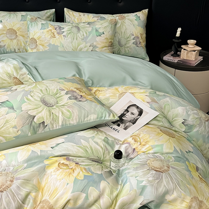 91家纺网 家纺一手货源 找家纺 慕晨 2025春夏新品莱赛尔天丝数码印花四件套莱赛尔夏被四件套天丝夏凉被直播热款 锦葵