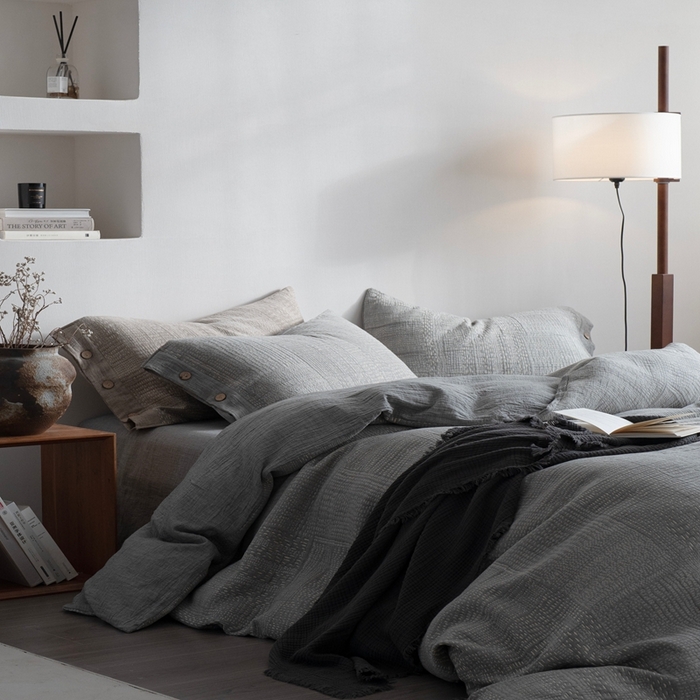 91家纺网 家纺一手货源 找家纺 璞素2025新款全棉色织三层纱四件套-银河 银河灰