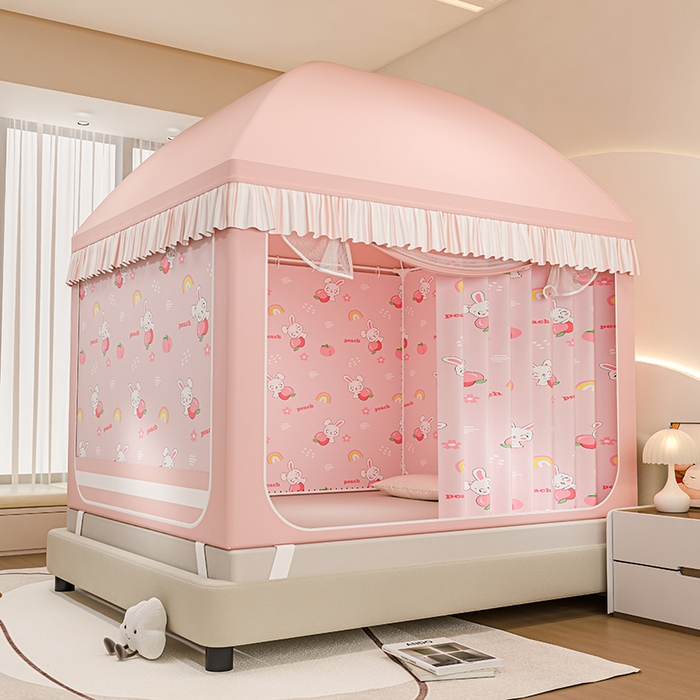 91家纺网 家纺一手货源 找家纺 冉美家纺 2025新款屋顶式遮光防尘防摔蚊帐 蜜桃兔-樱花粉