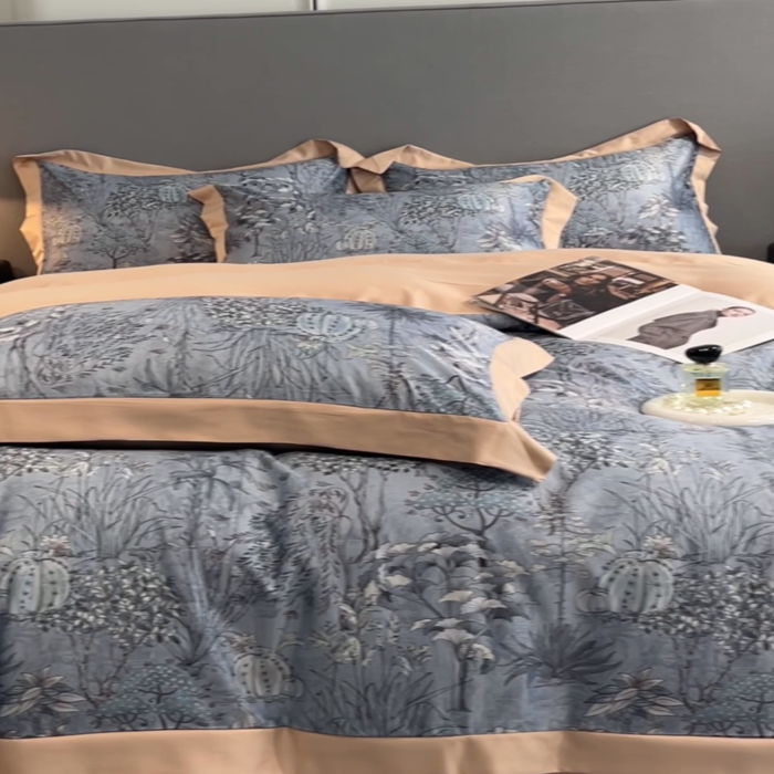 91家纺网 家纺一手货源 找家纺 笙意家纺 2025新款水洗冰丝数码印花宽边四件套 妙然-卡其