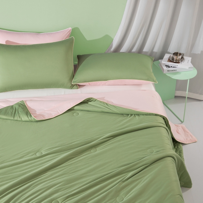 91家纺网 家纺一手货源 找家纺 吾诺 2025 针织棉夏被双拼色大豆夏被子被芯夏凉被空调被 豆绿-浅粉