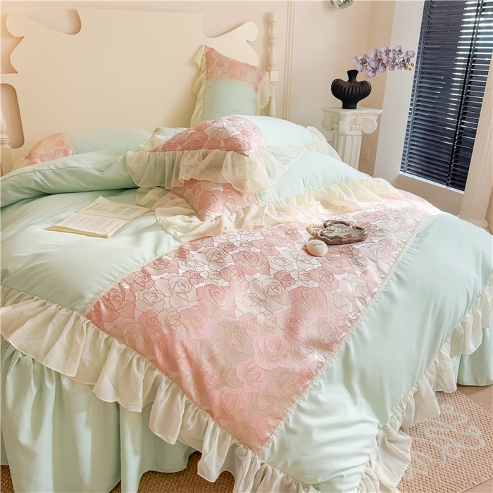 91家纺网 家纺一手货源 找家纺 富盛 2025新款水洗亲肤棉浮雕提花公主风四件套 月光恋人-绿